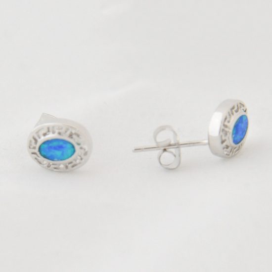 Σκουλαρίκι Ασημένιο Μαίανδρο και Μπλέ Οπάλ Στρογγυλή Πέτρα στο Κέντρο